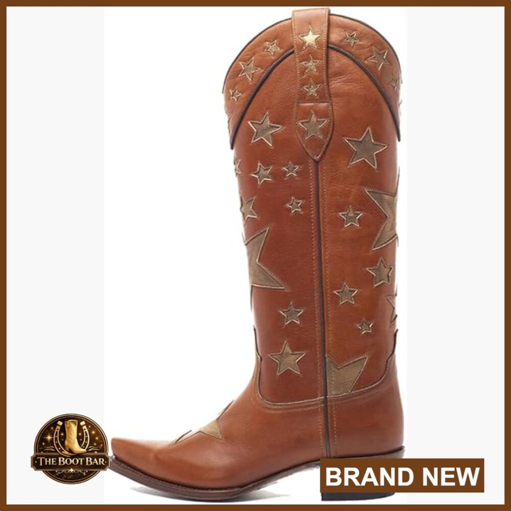 Leather Tall Star Appliqué Cowboy Boots - Brown